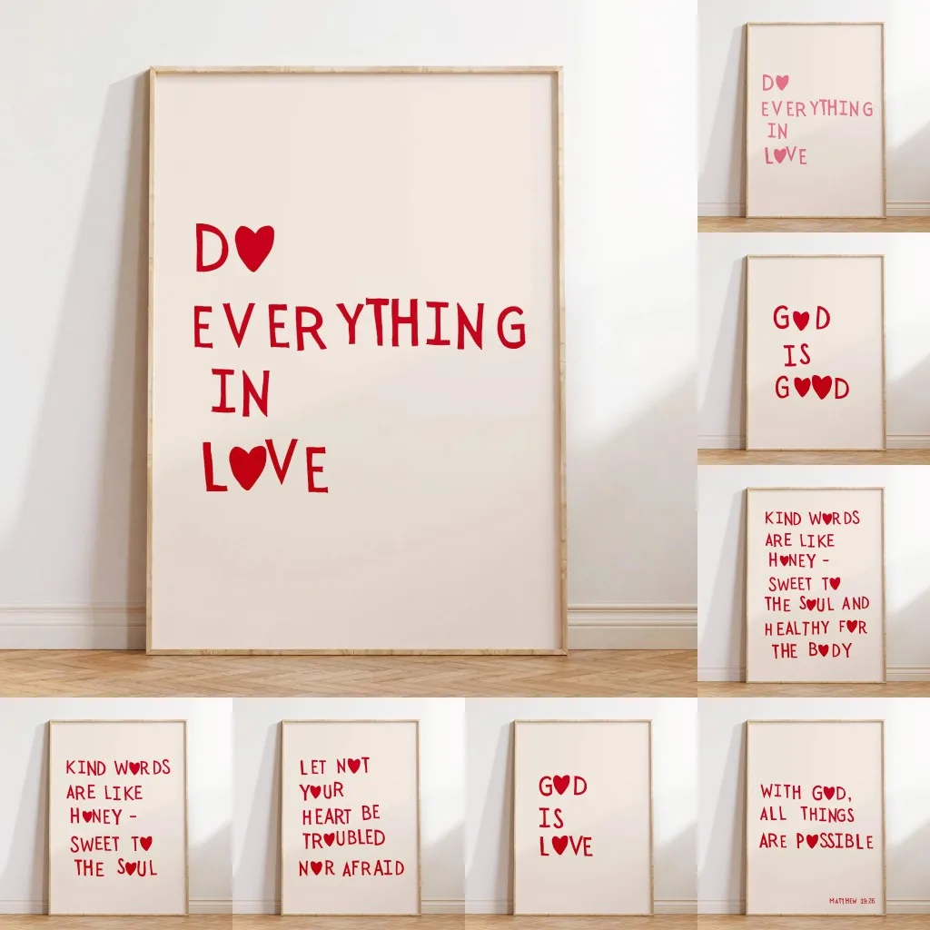 Minimalist Christian Wall Art Red Heart Poster Love Quote Canvas Painting Bible Scripture Hopeful Words Home Decoration