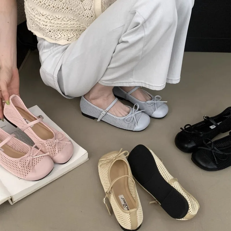 

НОВЫЙ корейский стиль, новинка 2025, весенне-летняя модная повседневная обувь для взрослых, дизайн с бантом, одинарные туфли на плоской подошве