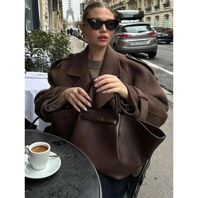 

Винтажное коричневое пальто, женские двубортные короткие куртки с лацканами и длинными рукавами, осень-зима 2025 г., модная женская верхняя одежда