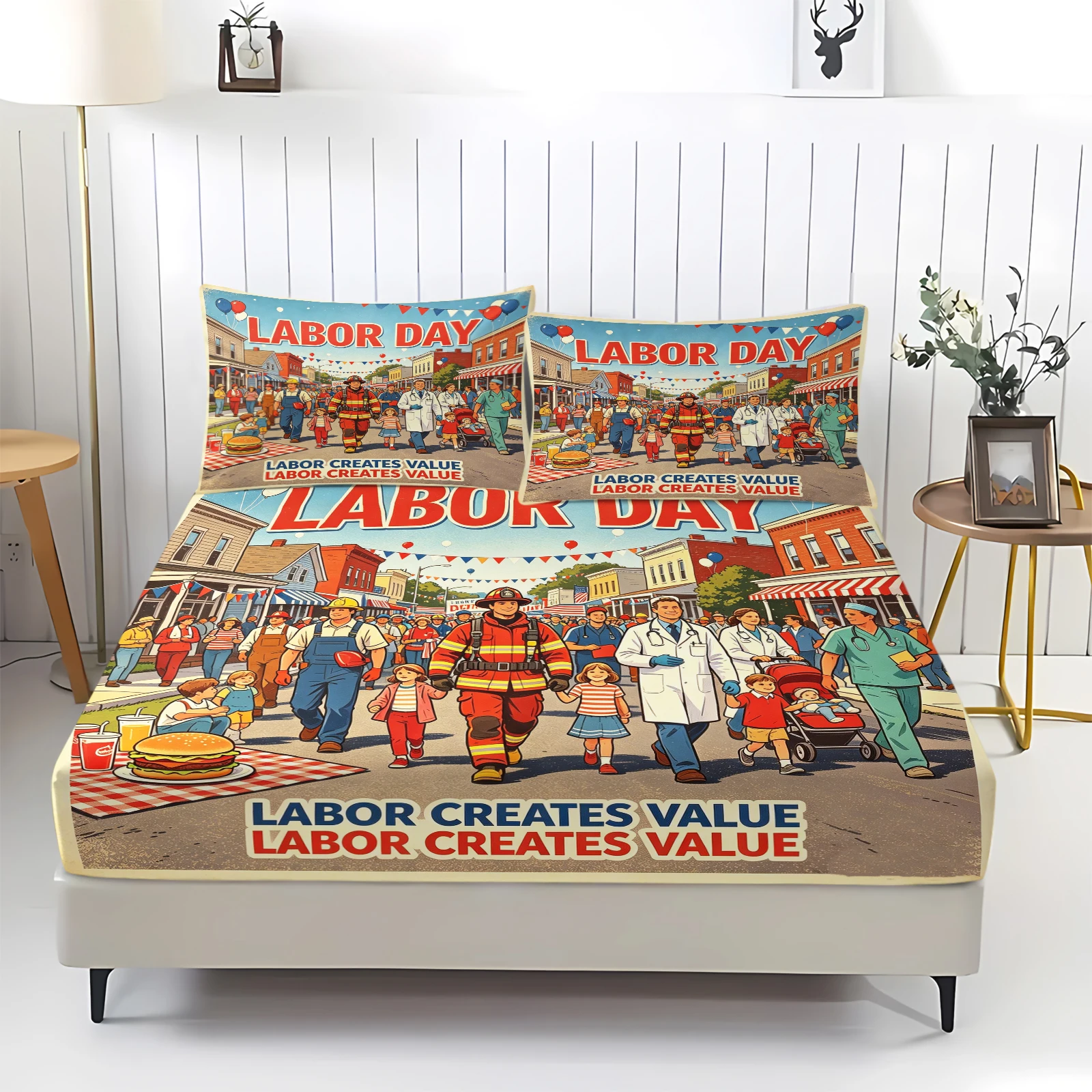 Labor Day Parade Fitted Sheet Set Retro Town Workers Print Elastic Deep‑Pocket Bed Sheet With Pillow Shams Soft Mattress Cover
