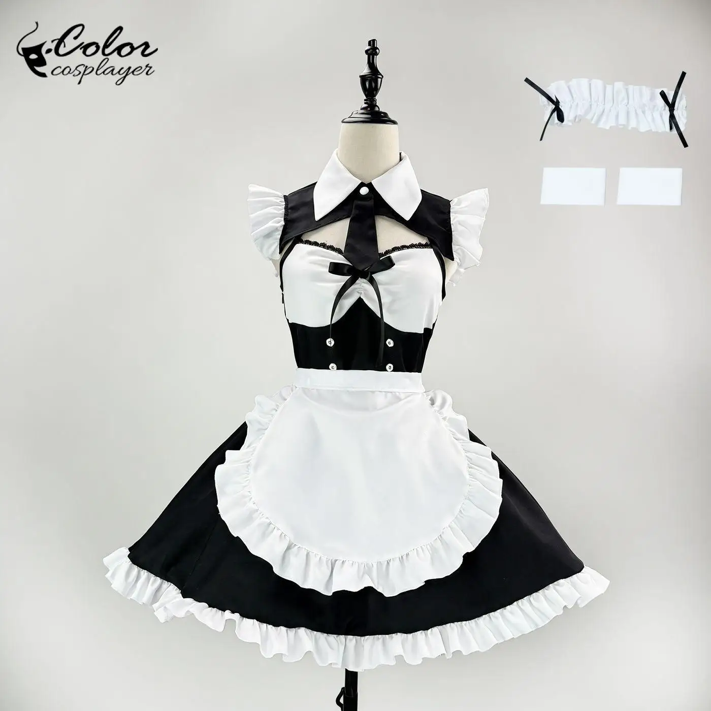 Farbiges Cosplayer-Rückenfreies Dienstmädchen-Kostüm Anime-Rollenspiel-Kostüm Damen Ärmelloses A-Linien-Kleid Lady Lolita Schwarze Spiel-Uniform