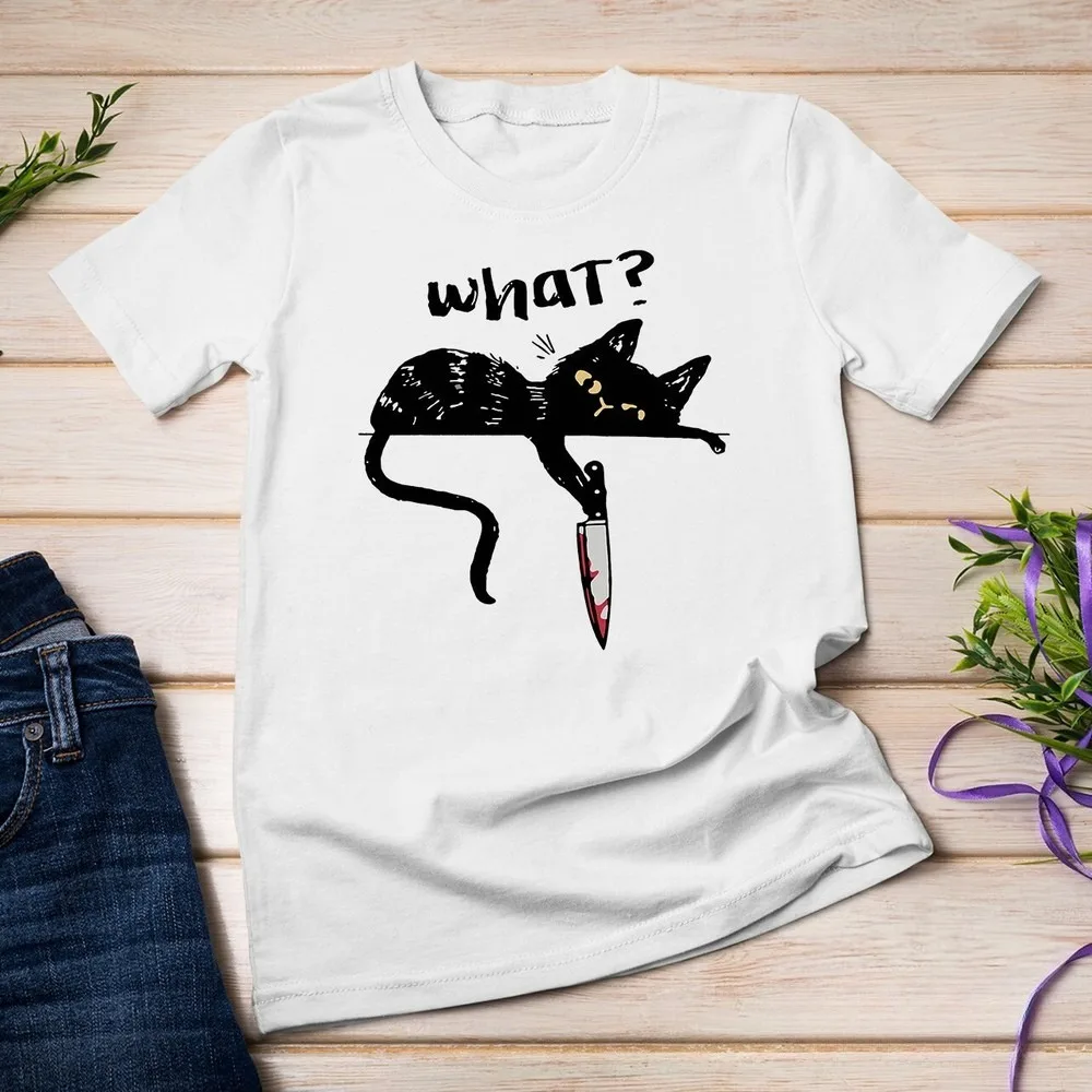 

Черный кот с ножом-убийцей, забавная футболка унисекс, креативный узор, принт, дизайн, футболка для мужчин и женщин, повседневная летняя футболка с коротким рукавом