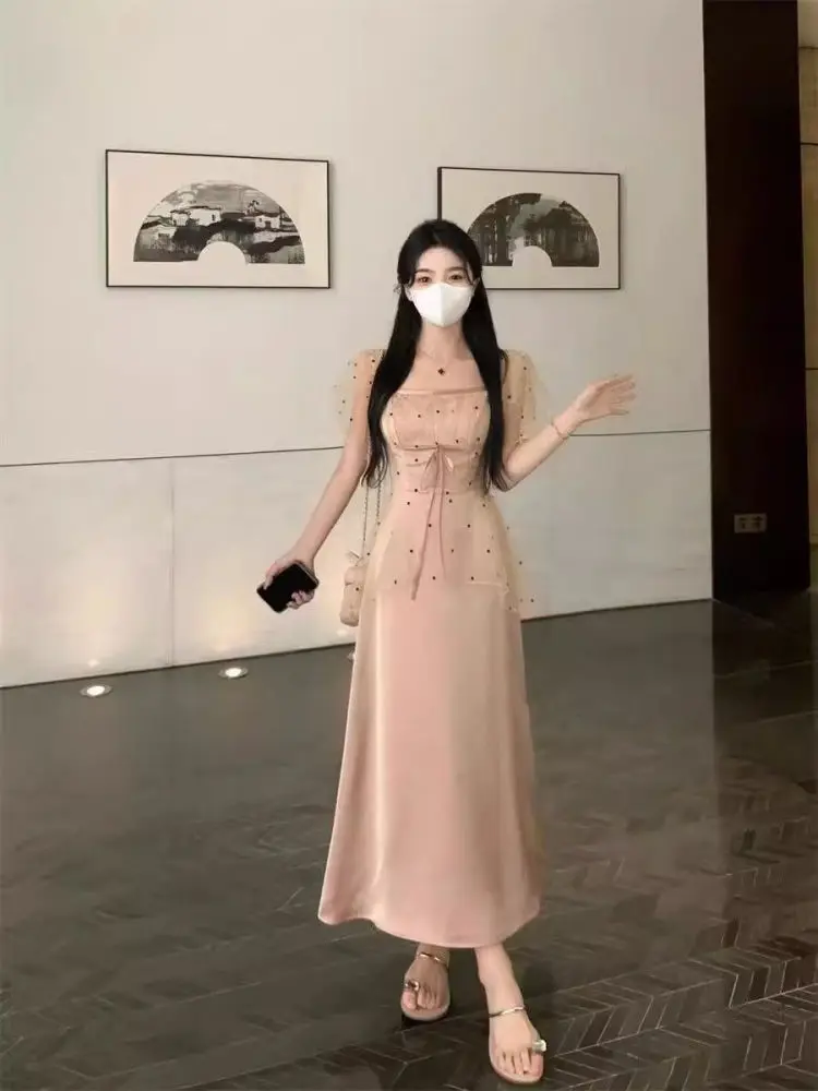 Ele Polka Dot Me Splice Dr Damen Sommer Schlankheits Lang Dr Hohe Taille A-Linie Rock Französisch Sle Basic Modell