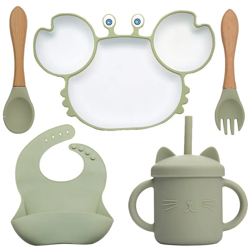 Baby Dish Baby Bowls Plates and Spoons Set Crab Kawaii Dishes Food Silicone Feeding Bowl Non-Slip Babies Tableware Kids Stuff