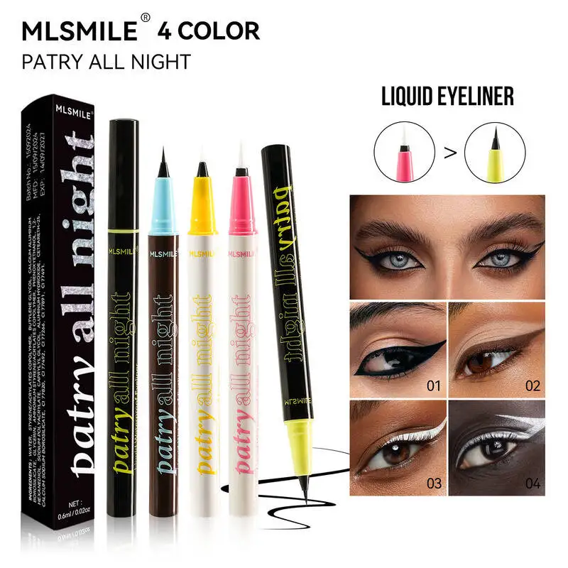 MLSMILE مقاوم للماء أسود أبيض فضي سريع الجفاف مقاوم للتلطخ السائل كحل القلم ماكياج 4 قطعة مجموعة 2025 جديد