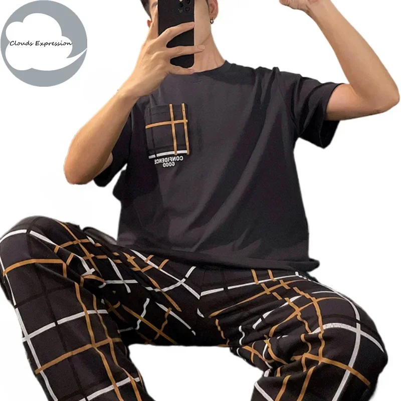 Summer Knitted Plaid Cool Mens Pyjamas Pajamas Casual Pjs Lounge Sets Masculine Sleepwear Nightwear Pijamas 3XL Homewear Fashion