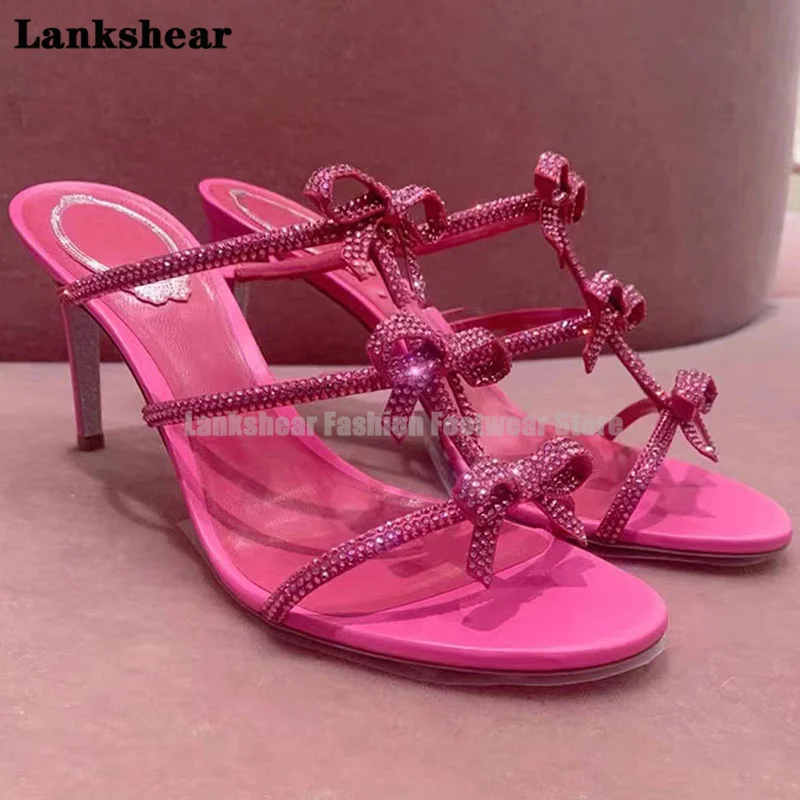 

Rosy Red Rhinestone Bow Sandals and Slippers Female Summer Fairy Style Stiletto Strap Open Toe High Heel Sandals Women's Shoes