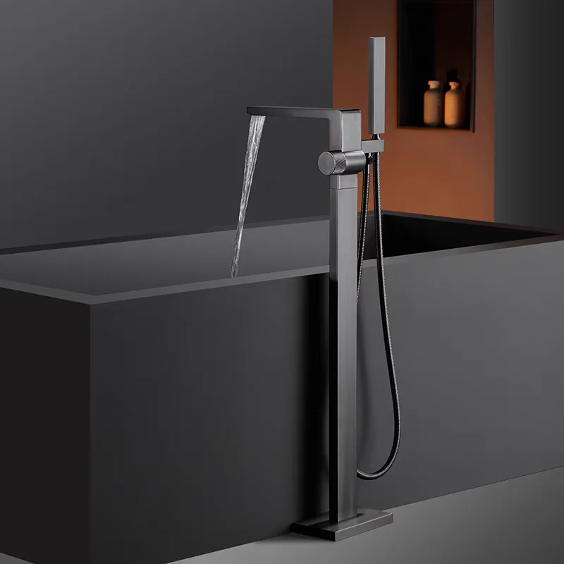 New Premium  waterfall Hot/Cold Dual-Function Bathtub Tap All-Copper Bathtub Faucet Floor-Mounted Tub Filler,Brushed Gun Black
