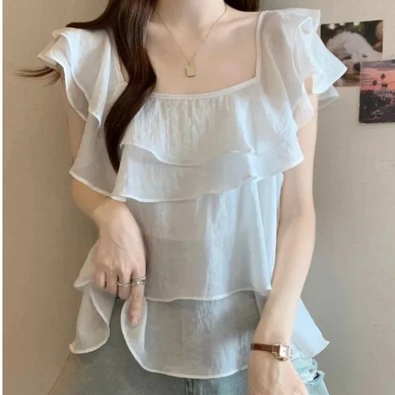

White Ruffled Sleeveless Top With Square Neck And Layered Design For Women Summer Casual Sweet Style Loose Fit Office Wear