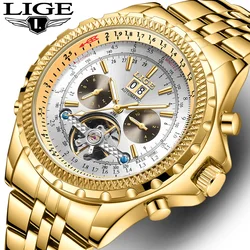 LIGE Luxury Gold Mens Watches Hollow Tourbillon Mechanical Watch Waterproof Luminous Calendar Stainless Steel Automatic Clock