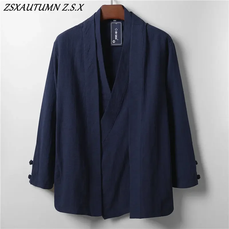 Chinese Style Men Linen Hanfu Cardigan Tops Zea Tea Kung Fu Shirts Japanese Kimono Jackets Coats Robe Oriental Fashion Clothing