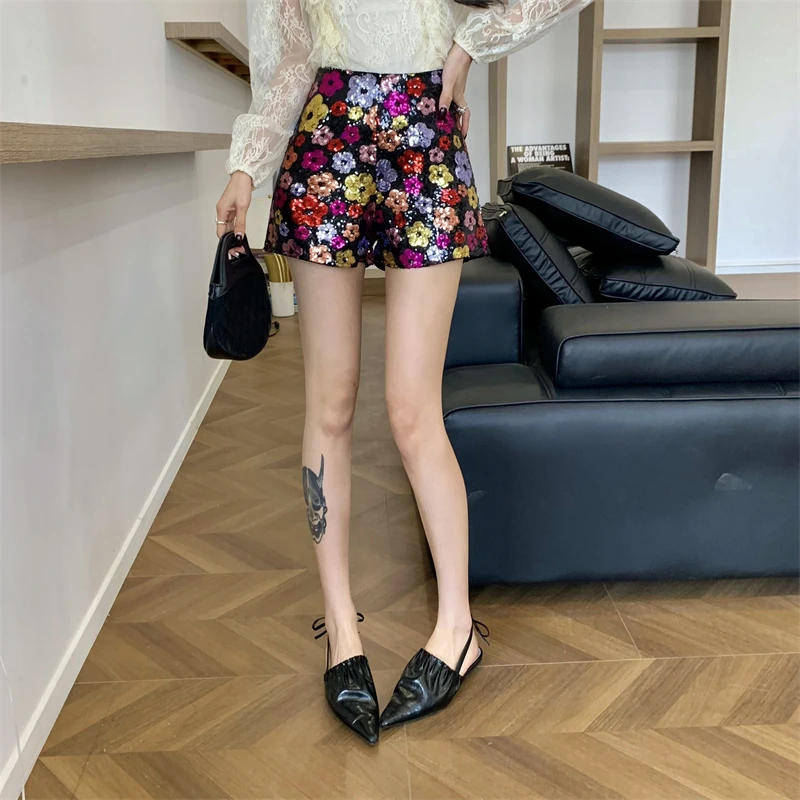 Sexy Club Slim Fits Pants Rave Party Clothes Women Summer Sequin Shorts High Waist Sparkly Glitter Straight Shorts Pants SL214