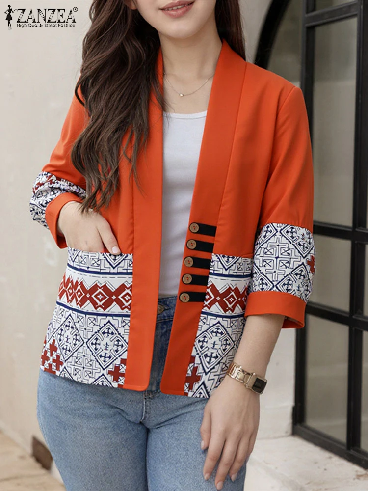 ZANZEA 2025 Women Fashion Cardigans Shirts Vintage Printing Open Stitch Casual Tops Autumn 3/4 Sleeve Loose Blusas Femininas