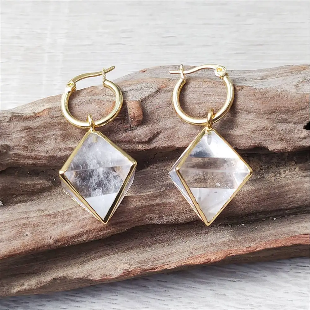 

FUWO Wholesale Natural Crystal Quartz Earrings,High Quality Golden Plated Octahedron Jewelry For Women 5Pairs/Lot ER479