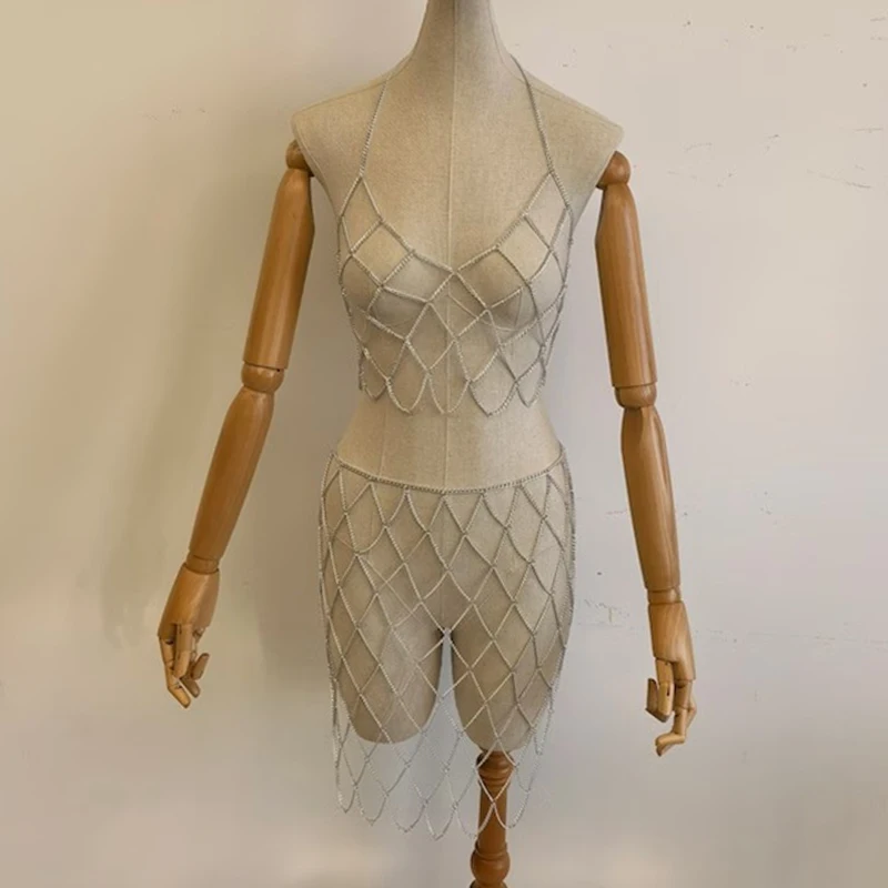 Gold-Silber 2-teiliges Körperketten-Set für Damen, Neckholder-Top & Rock, mehrlagiges Mesh-Ketten-Outfit für Party, Festival, Clubwear, passende Sets – Detail 2