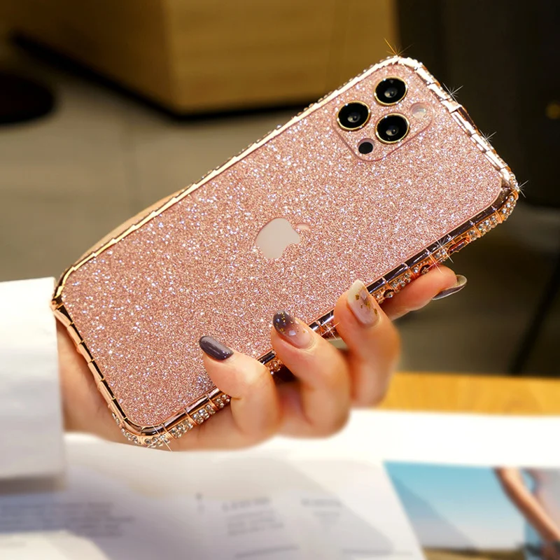 Upscale Luxury Glitter Diamond Phone Case For iPhone 15 14 13 12 11 Pro Max X XR XS 7 8 Plus SE2 Metal Edge Bling Crystal Cover