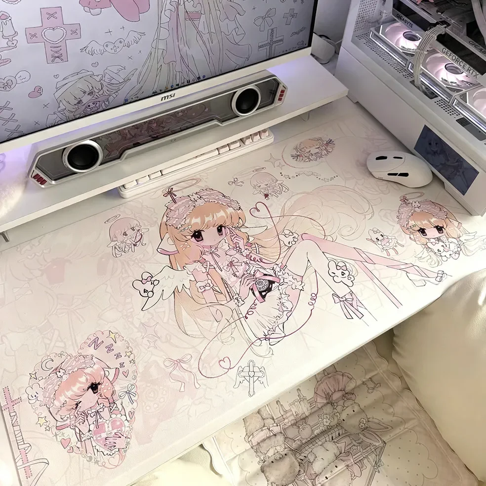 Cute Pink Angel Girl Pu Leather Mousepad Office Desk Mat Mouse Pad Computer Speed Type Carpet Mat Player Laptop Keyboard Cartoon