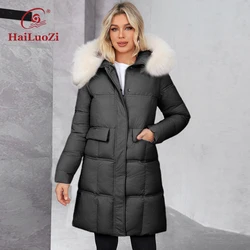 HaiLuoZi 2024 New Women's Winter Coat Warm Hooded Thickened Bio Cotton Coat Solid Color Large Pockets Women's Coat626