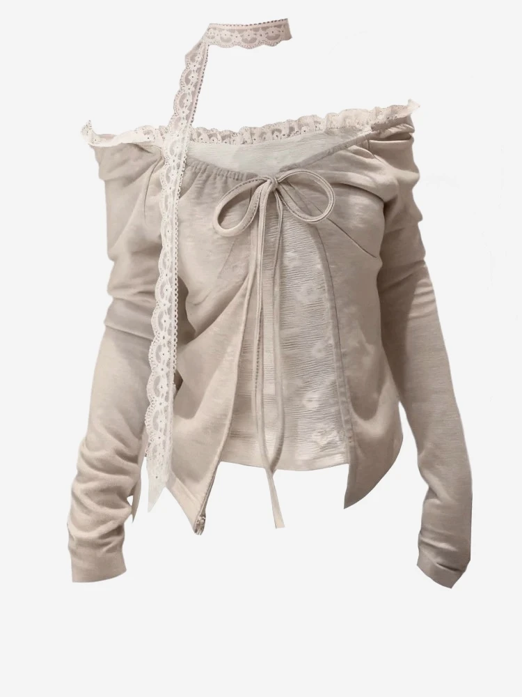 

Deeptown Shoujo Girl Lace Sexy T-Shirts Women Sweet Coquette Bow False Two-piece Tees Korean Style Off Shoulder Elegant T-Shirts