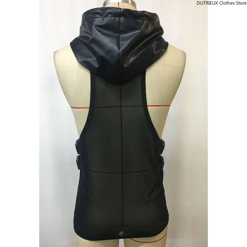 Men\'s Leather Stitching Net Shirt Motorcycle Leather Vest Top Sexy See-through Hooded Vest Muscular Men Fitness Vest Tank Top Me