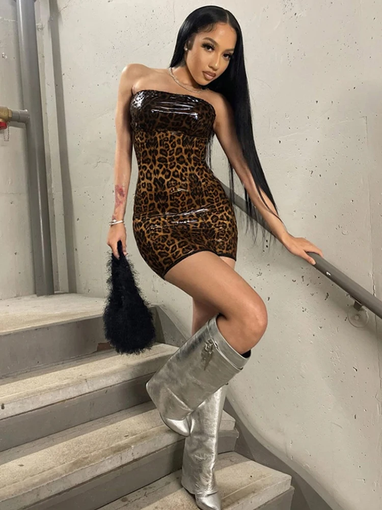 Insglas Patchwork Jurk Vrouwen Sexy Luipaardprint Y2K Kunstleer Mouwloos Backless Skinny Zomer Middernacht Coquette Bodycon