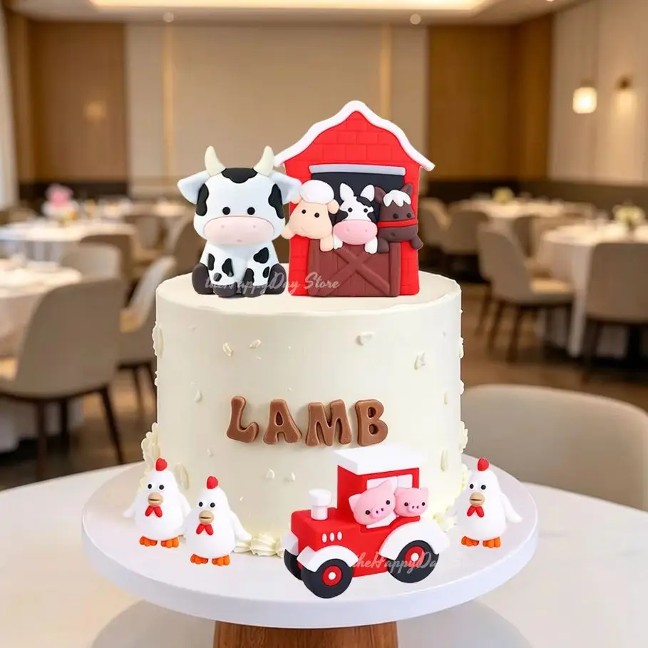 6Pcs Farm Animal Cake Decorations Cow Chicken Farm Car Cake Topper for Farm Birthday Boys Girls Baby Shower Party Cake Decor