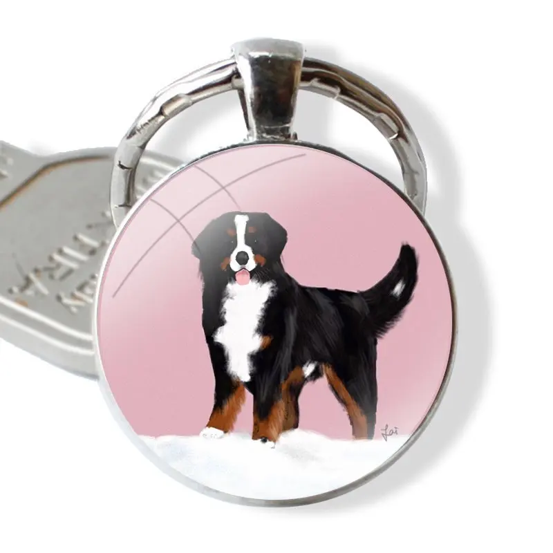 Bernese Mountain Dog Keychain Handmade Glass Cabochon Key Ring Holder Pendant Key Chains