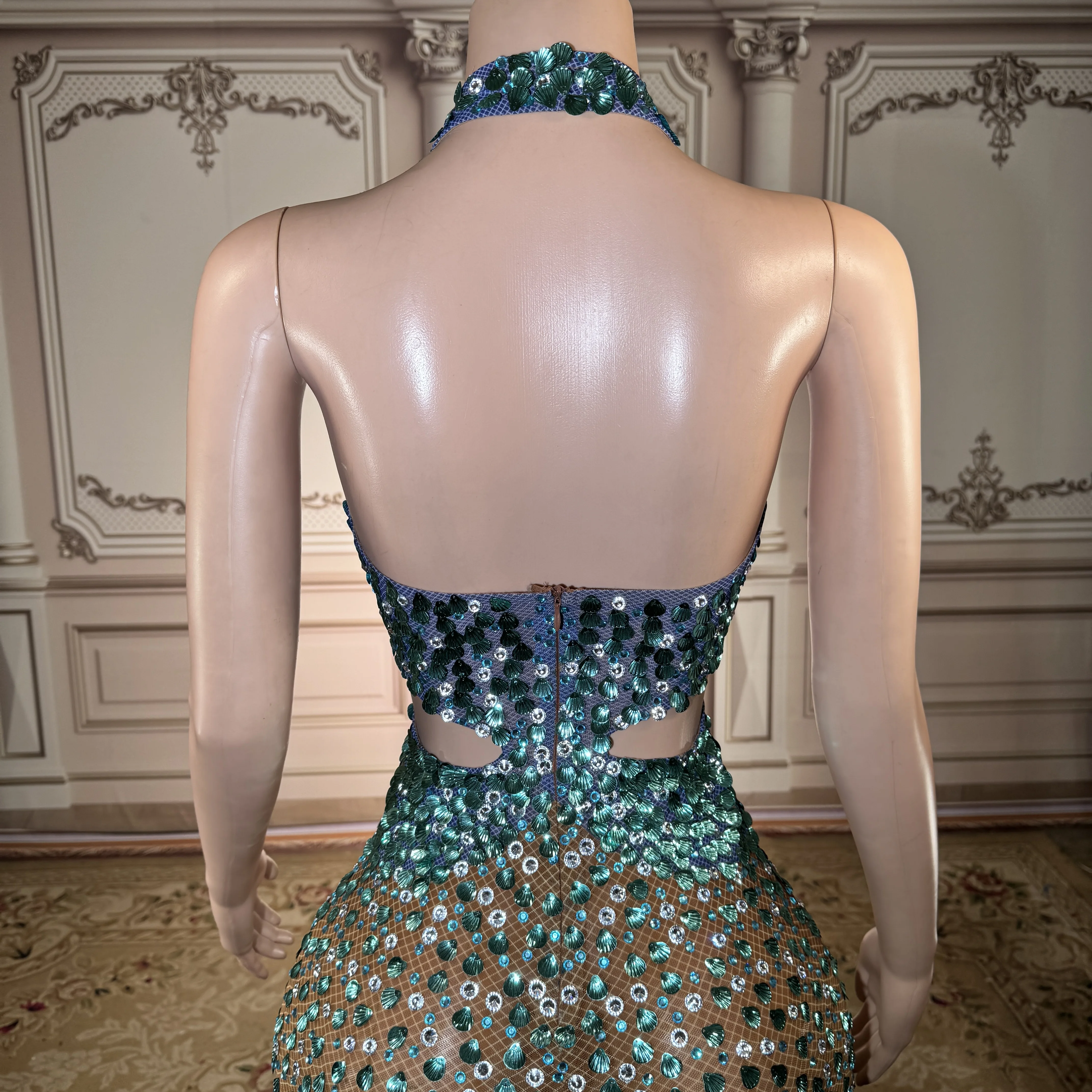 ZD Vestido longo elegante com lantejoulas brilhantes e strass, sexy, oco, cintura natural, babados, decoração para parte de baile