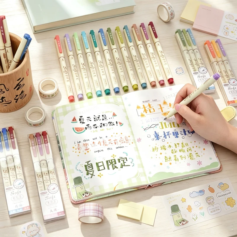 3Pcs Four Seasons Soft Brush Pen Set, Retro Art Markers for Lettering, Calligraphy Practice & Drawing Stationery