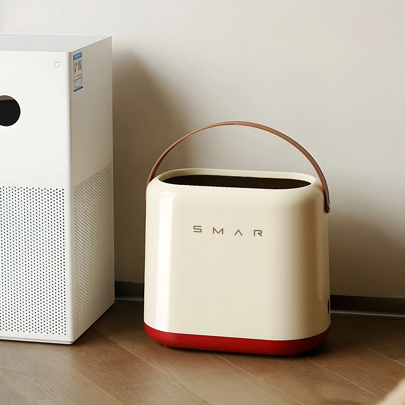 

Vintage Cream Portable Trash Cans with Leather Handle Open Top Garbage Bin Minimalist Home Waste Container Bathroom Accessories