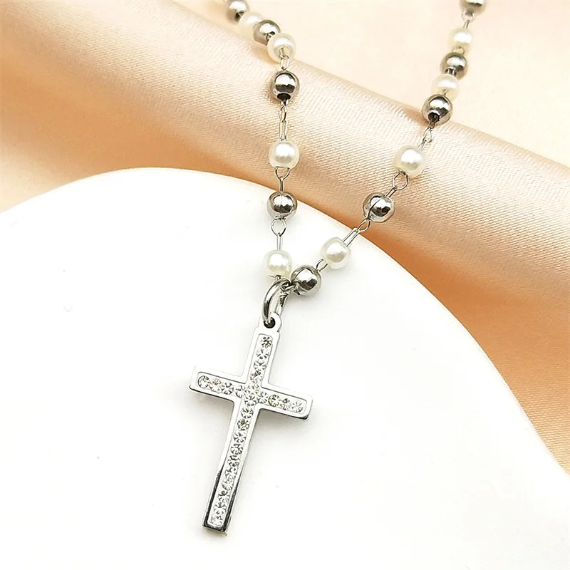 كريستال الراين الصليب قلادة قلادة للنساء حبات اللؤلؤ سلسلة الفولاذ المقاوم للصدأ القلائد الجمالية المجوهرات المسيحية #3