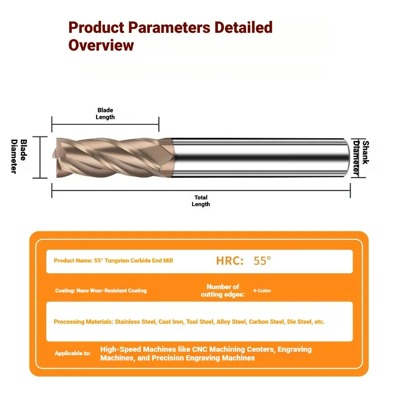 HRC55 Carbide End Mill 4 Flutes Tungsten Milling Cutter Alloy Coating For Metal Steel CNC Machining 1 to 20MM