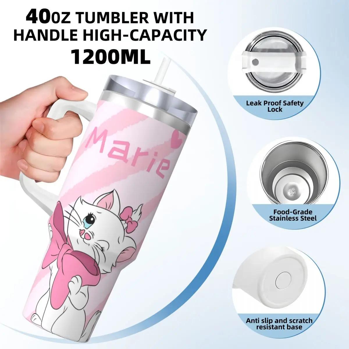 Stainless Steel Tumbler Cartoon Pink Marie Cat Coffee Mug Kawaii Keep Heat Hot Drinks Mugs Cup Travelist Design Water Bottle