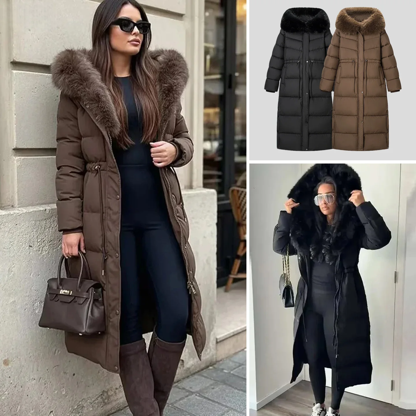 

Winter New Women's Simple Sle Long Sve Hooded Coat Cotton Quilted Jaet with Fur Collar Commute Straight Cut Zipper