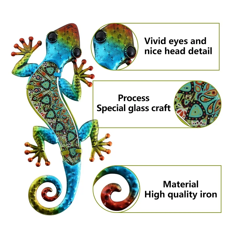 Metal Gecko Wall Decoration, Lizard Garden Art, Hanging Glass Sculpture, Indoor and Outdoor, Terrace Fence, 3 Color, 2 Pcs