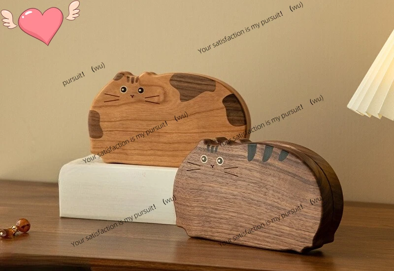 

ZOCI-Cute cat jewelry box wood portable small necklace stud earrings birthday girl wedding gift jewelry storage box