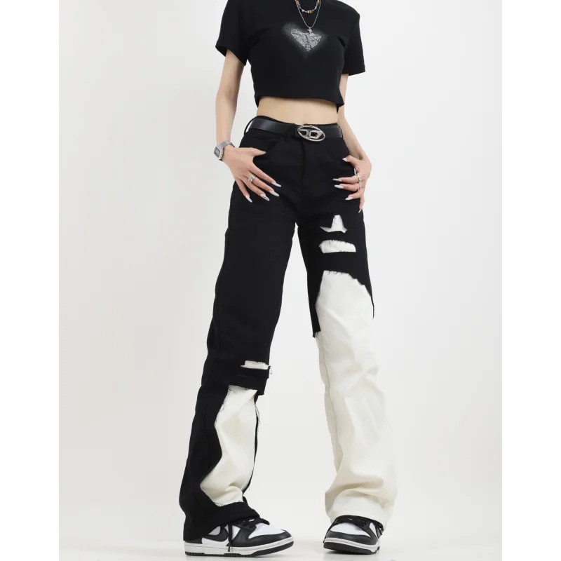 Black White High Waist Women Jeans Y2K American Vintage Fashion Streetwear Wide Leg Jean NEW Female Trouser Baggy Denim Pants