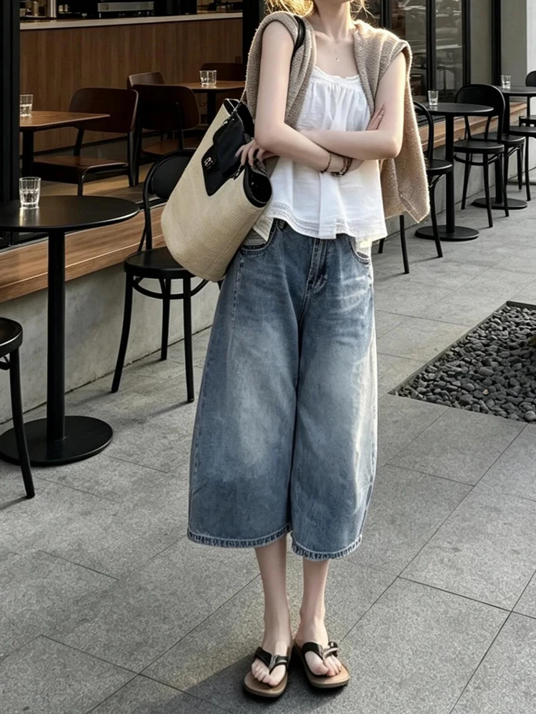 

American Retro Washed Seven-Quarter Denim Wide Leg Pants Women Summer New Loose Slim Lazy Hot Pants High Waist Soft Jeans
