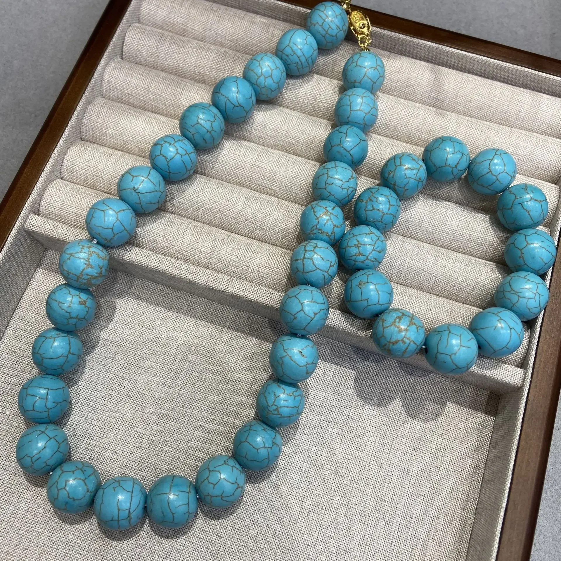 

Vintage 14mm Turquoise Round Necklace Bracelet Set for Women Original Design Handmade String of Beads Natural Stone Jewelry Set
