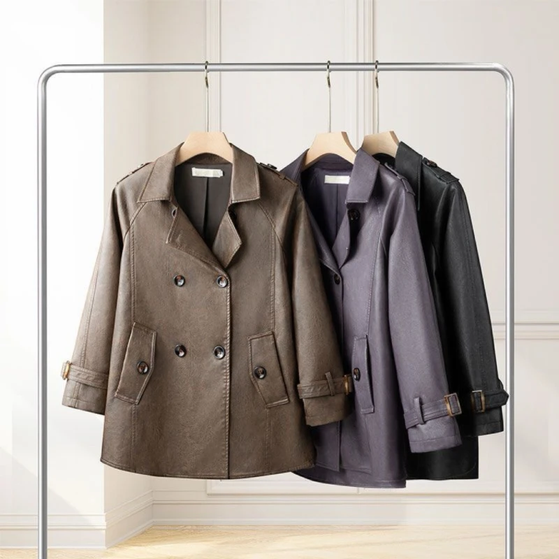 Outerwear New Mom Coat  Autumn Winter Women's Loose Concealing Short Versatile Lapel High-end Leather Coat Fashion Women’s Wear