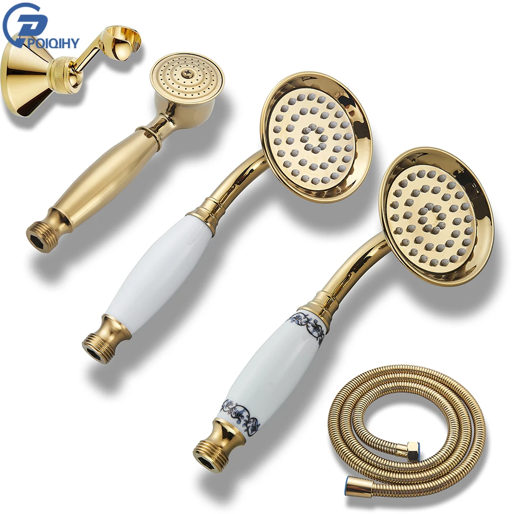 

Golden Handshower Ceramic Handheld Head Brass Bracket 150cm Shower Hose Faucet Head Bathroom Accessory for Bathroom