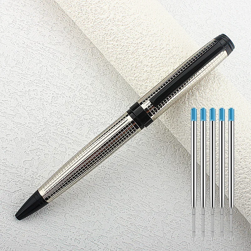 Luxury High Quality Silver Plaid Ink METAL Ballpoint Pen Stationery Office School Supplies New