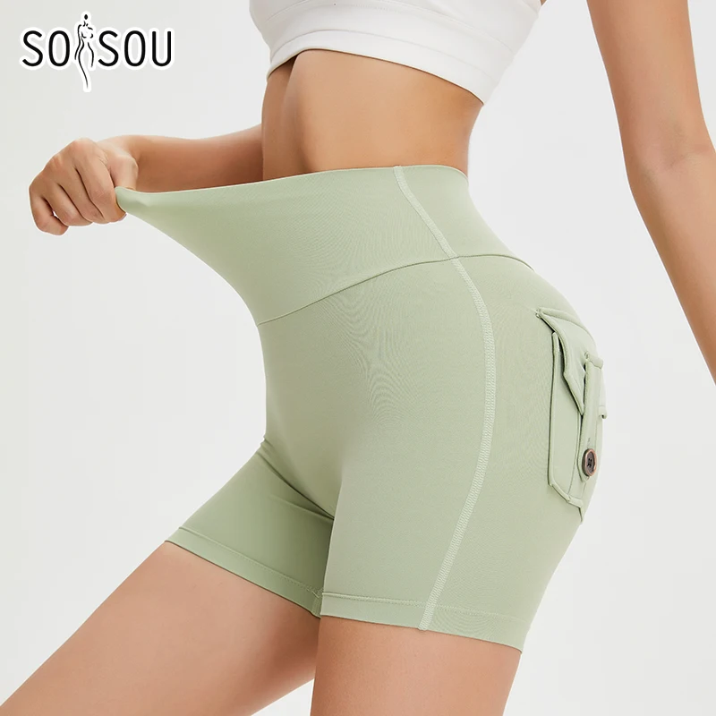 SOISOU Nylon Yoga Shorts palestra pantaloncini da ciclismo da donna stretto elastico traspirante assorbe il sudore tasche posteriori pantaloncini da