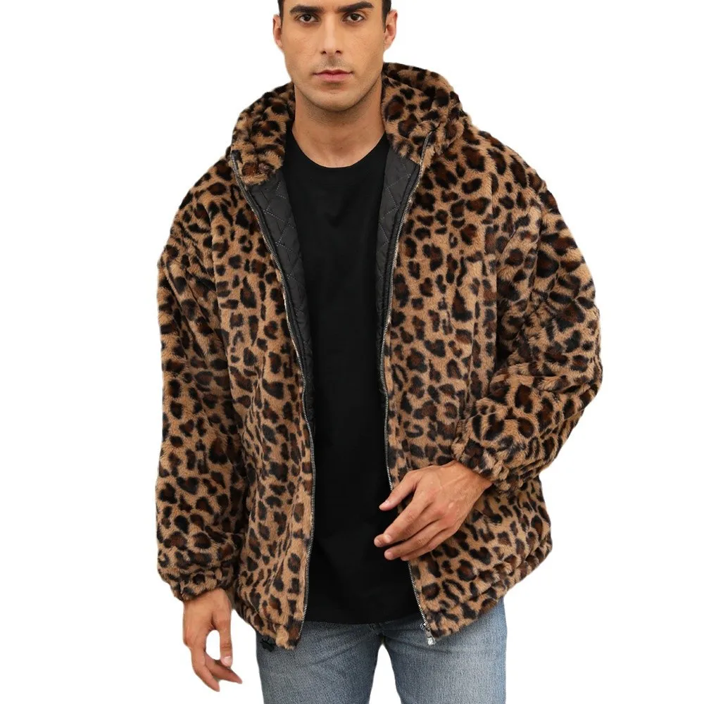 Autumn and Winter Warm Plush Leopard Print Jacket Imitation Fur Zipper Hooded Jacket for Men