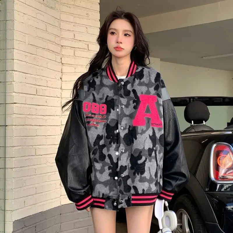 Baseball Jacket Camouflage Letter Embroidery Fashion Jackets Women Retro Patchwork Knitting American American High Street 2024