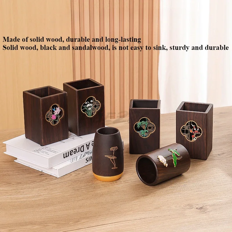 Multi Functional Solid Wood Pen Holder Chinese Style Retro Wooden Pen Holder Desktop Decoration Storage Box Business Gift