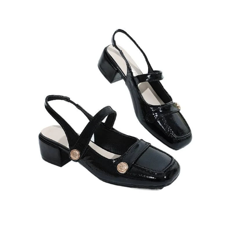 Women's Mary Jane Sandals Vintage Square Toe Block Heel Slingback Pumps Elegant Patent Dress Shoes Office Work Sandals