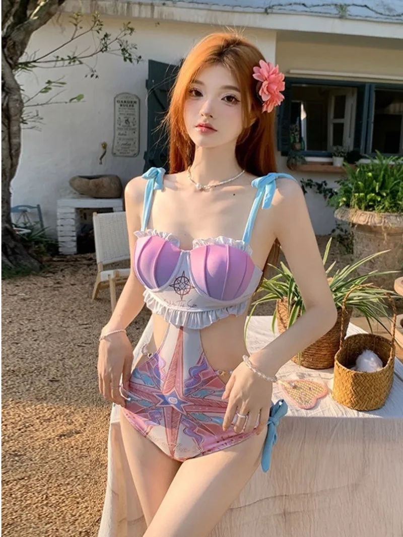 Sexy Flounce Shell Bra Gathered One-piece Triangle Pants Fashionable Printing Three-point Frenulum Hollow Out Women Rompers GYAH