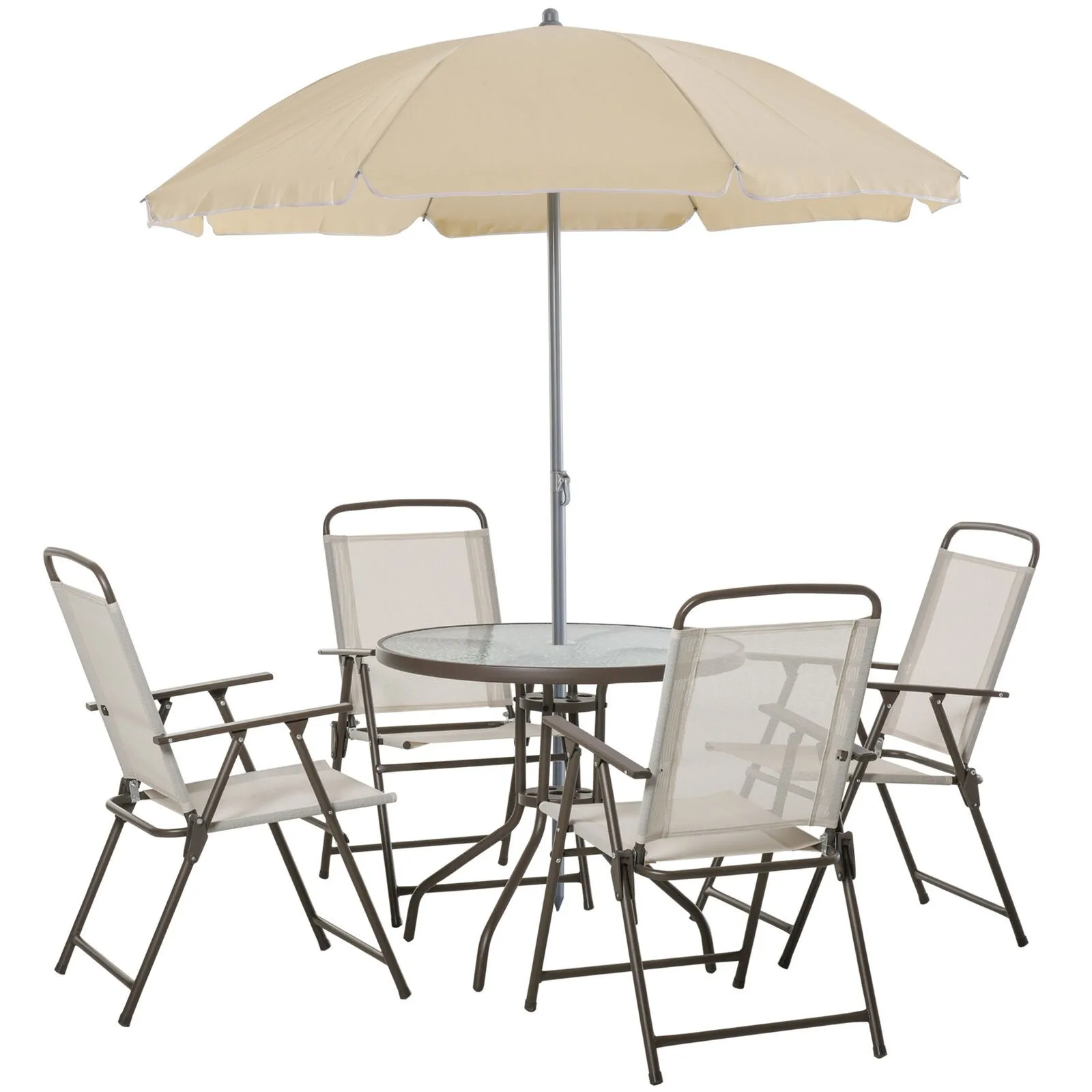 

6 PCS Patio Dining Furniture Set with Umbrella 4 Folding Chairs and Table Garden