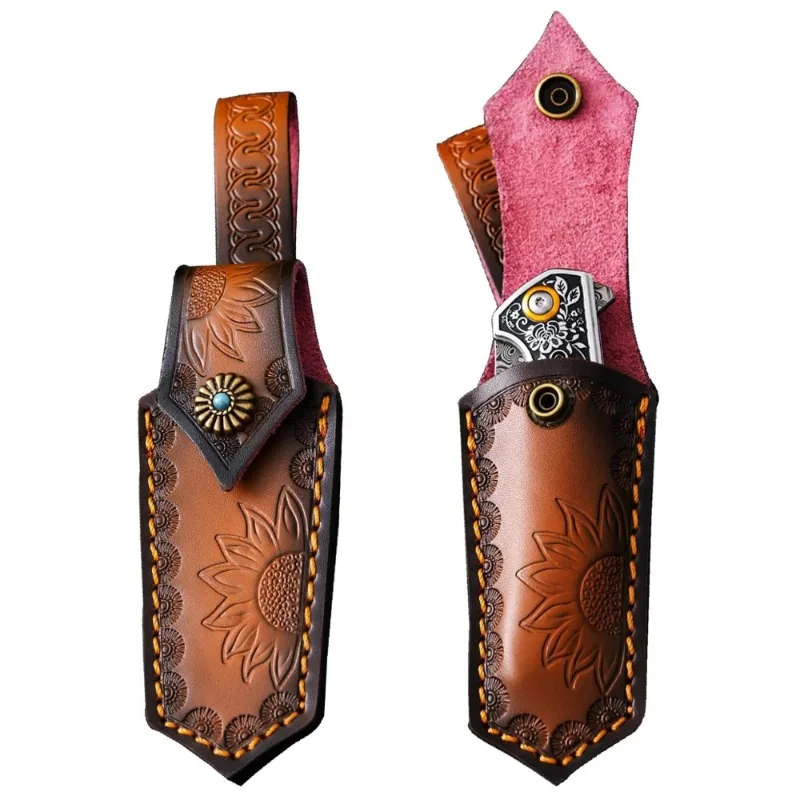 Funda de Cuero Marrón de Alta Calidad con Diseño de Girasol para Navaja Plegable, Funda para Navaja de Bolsillo para Uso Diario